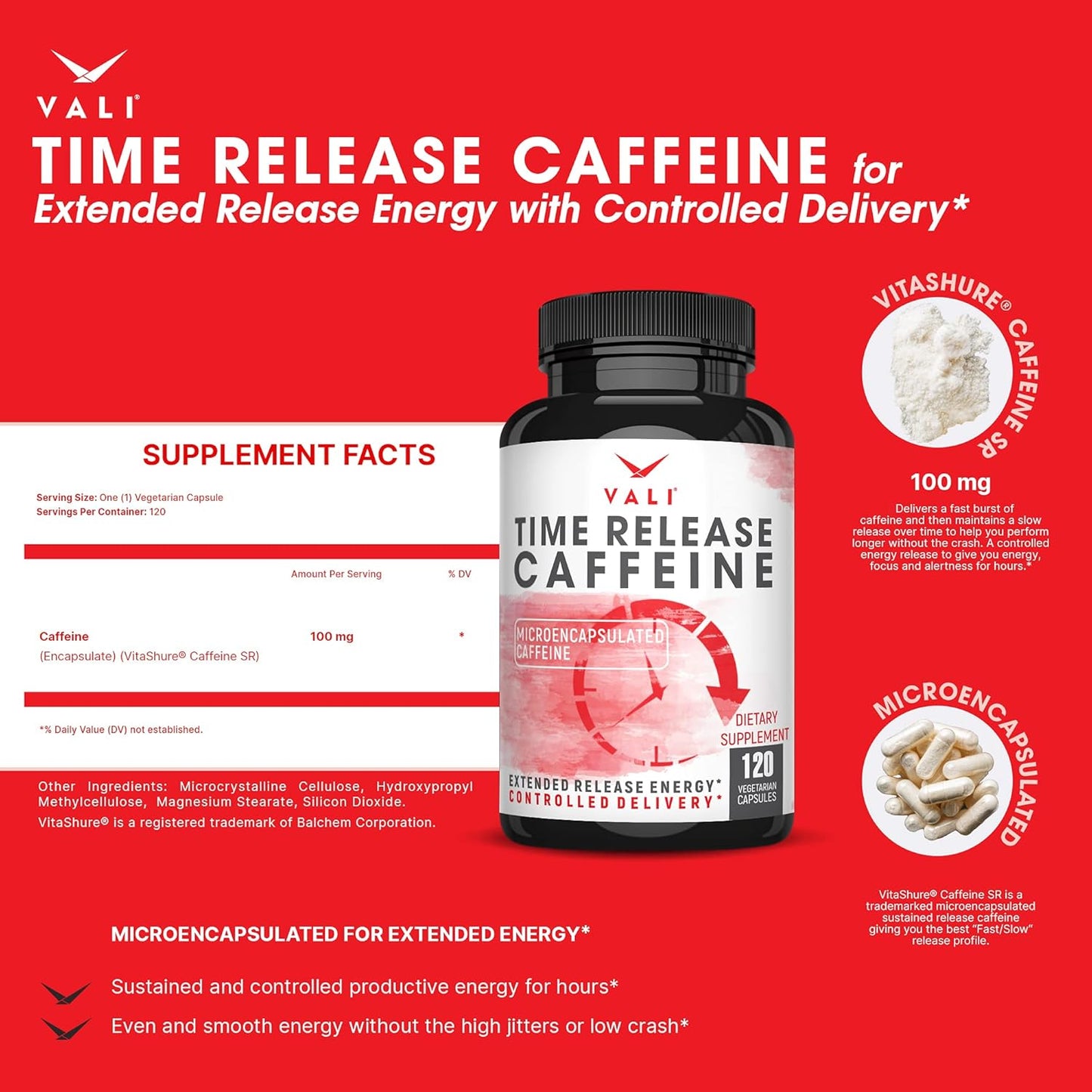 VALI Time Release Caffeine 100mg – Slow Release Energy & Focus Nootropic Supplement, 120 Veggie Capsules