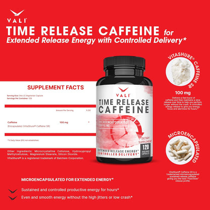 VALI Time Release Caffeine 100mg – Slow Release Energy & Focus Nootropic Supplement, 120 Veggie Capsules