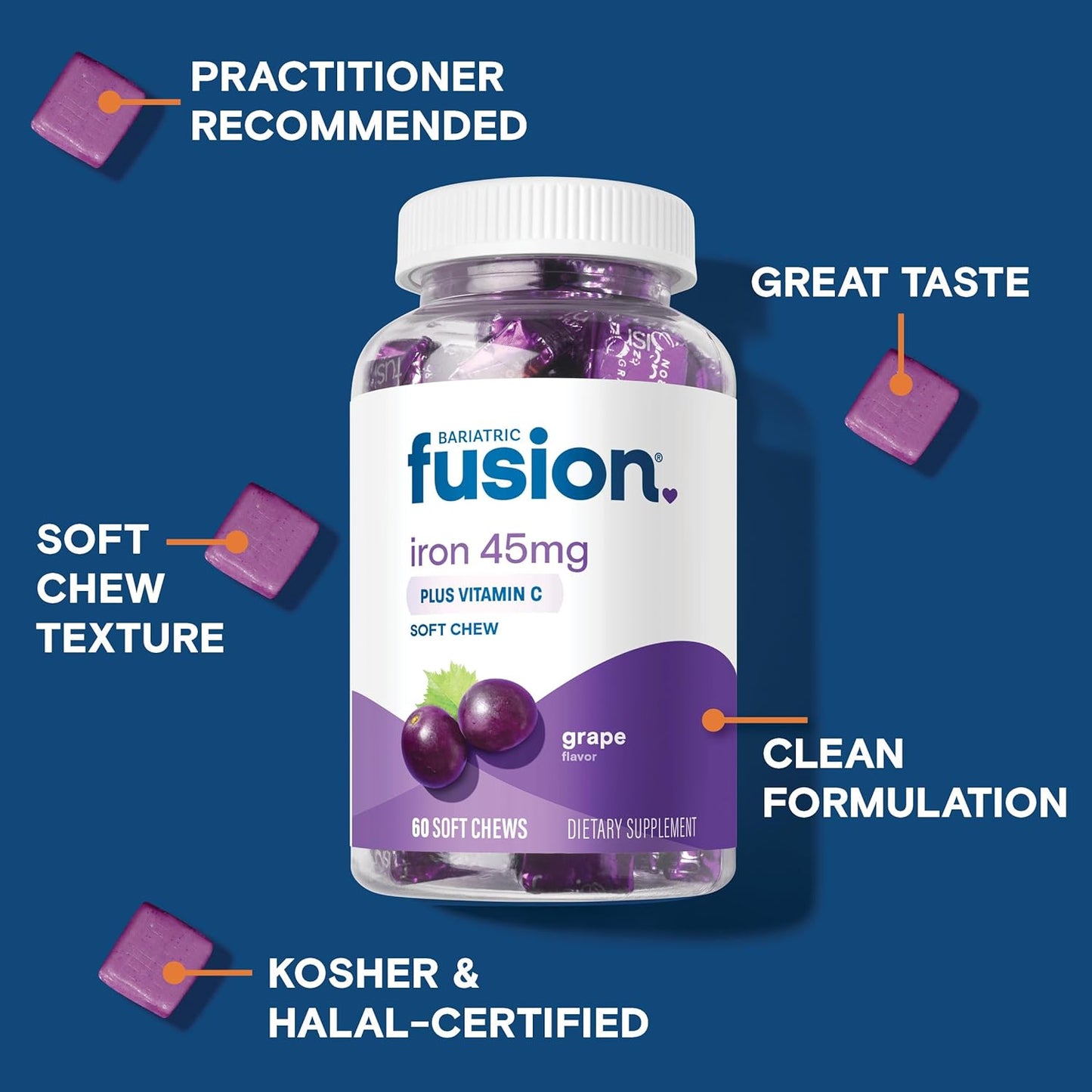 Bariatric Fusion Chewable Iron Supplement with Vitamin C Grape Flavor 60 Count