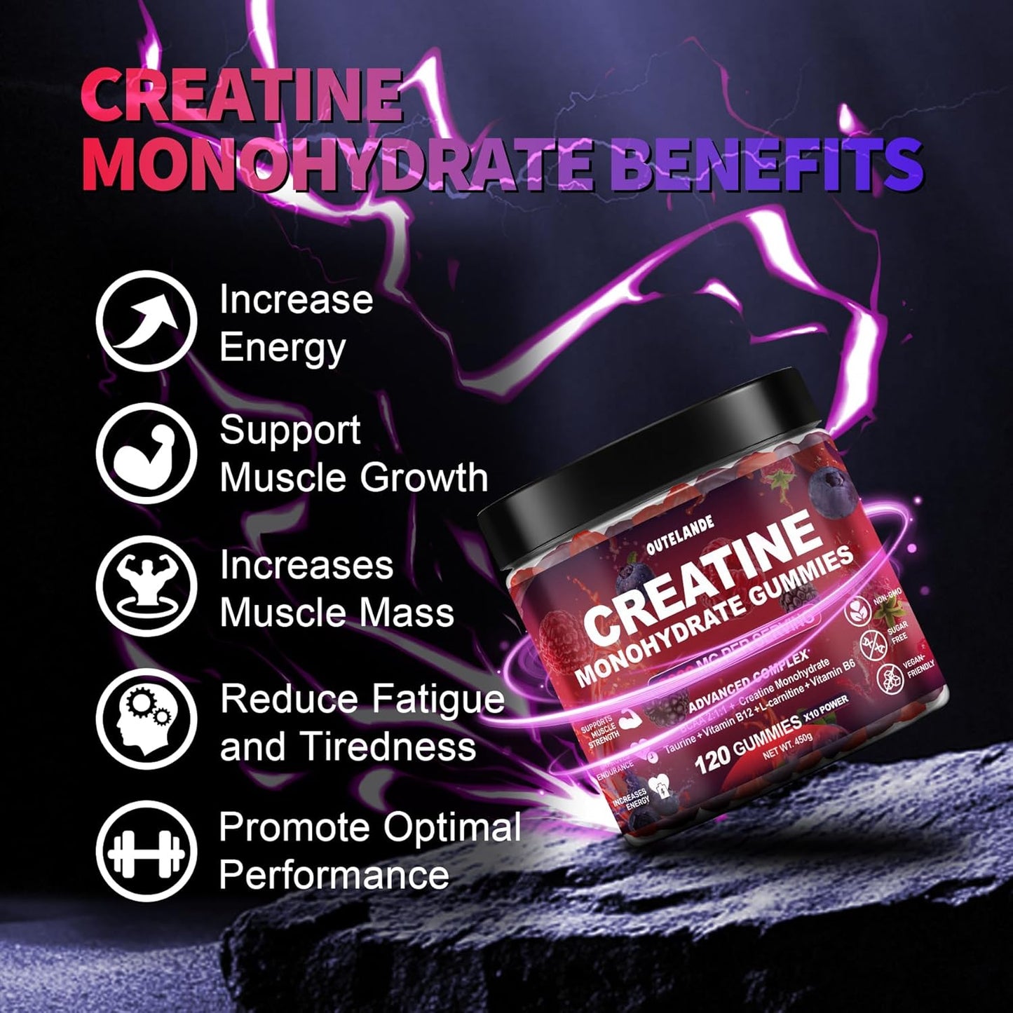 OUTELANDE Creatine Monohydrate Gummies 8000 mg with L Taurine Sugar Free Vegan 120 Count