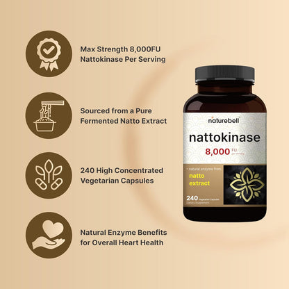NatureBell Nattokinase 8,000 FU Max Strength from Fermented Natto Extract – Non-GMO Enzyme Supplement, 240 Capsules