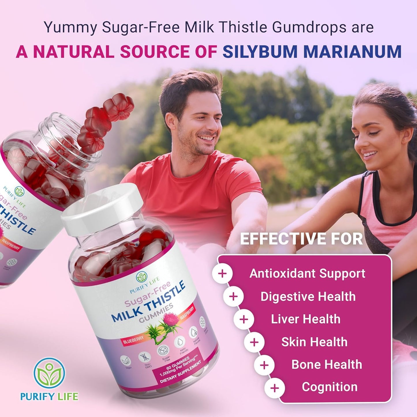 Sugar-Free Milk Thistle Gummies – Vegan Blueberry Raspberry Flavor, Antioxidant Herbal Supplement(60Gummies)