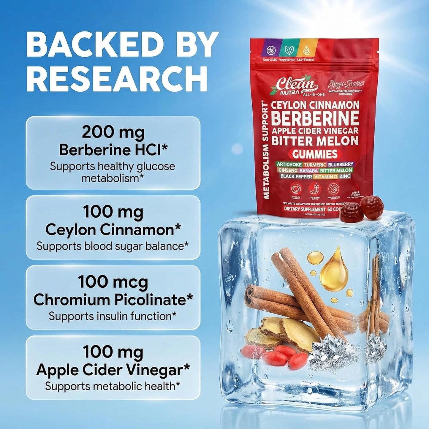 Sugar Savior Berberine Cinnamon ACV Gummies Turmeric Ginseng Vitamins 60 Count