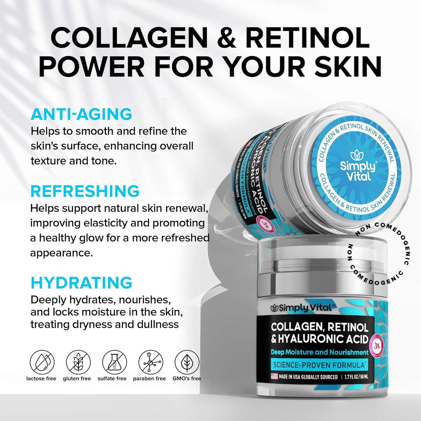Face Moisturizer Retinol Collagen Hyaluronic Acid Cream 1.7 fl oz