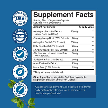 Adaptogen Mood Support Capsules Ashwagandha Rhodiola Maca Vegan 60 Count