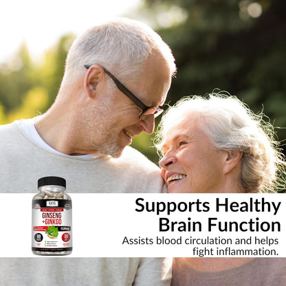 Kaya Naturals Red Panax Ginseng + Ginkgo Biloba - Nootropic Brain Supplement - Cognitive and Concentration Support - Brain Booster, Focus, and Memory Supplement - 60 Capsules
