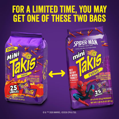 Takis Fuego Mini Hot Chili Pepper & Lime Rolled Tortilla Chips 25 Pack 1.23 oz Each