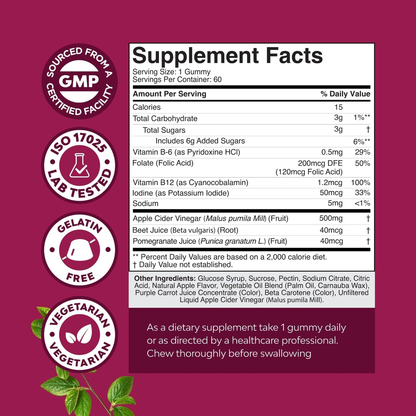 Apple Cider Vinegar Gummies with Mother B12 B6 Pomegranate 60 Count