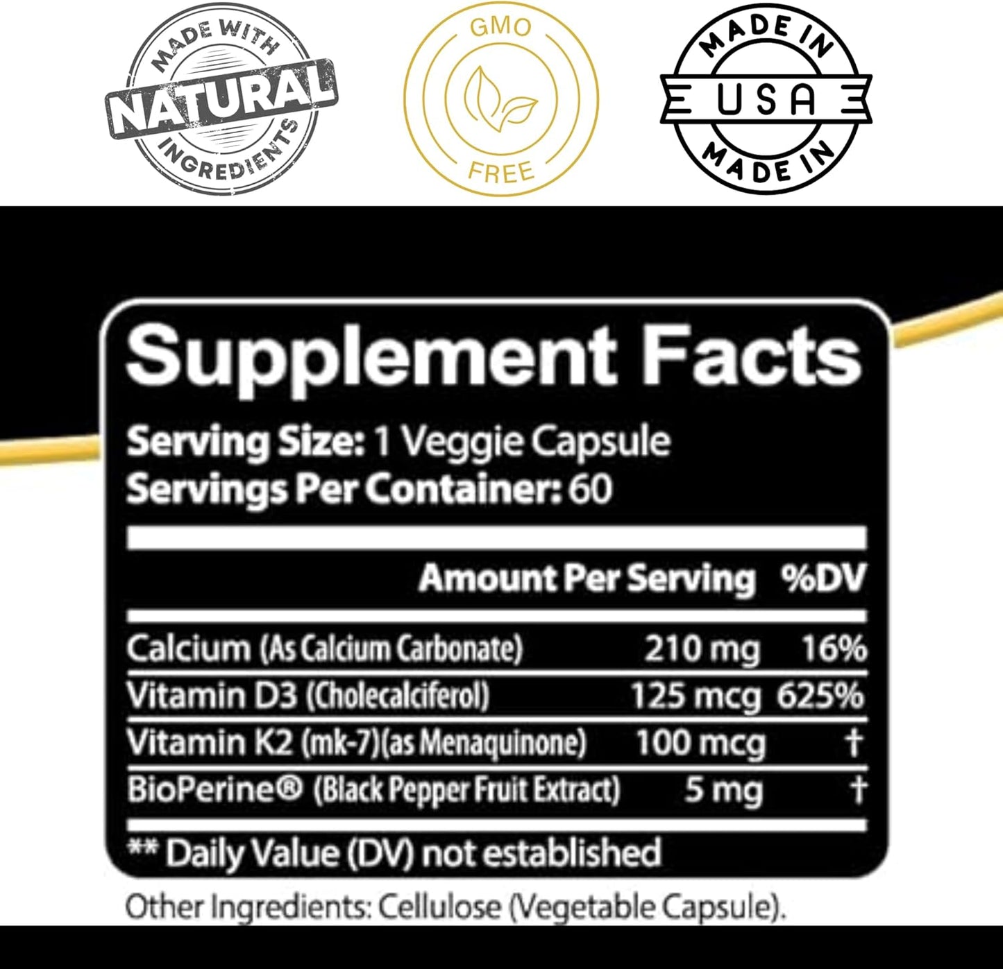 Kaya Naturals Vitamin K2 with D3 5000 IU Bioperine Capsules 60 Count