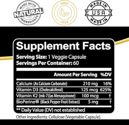 Kaya Naturals Vitamin K2 with D3 5000 IU Bioperine Capsules 60 Count