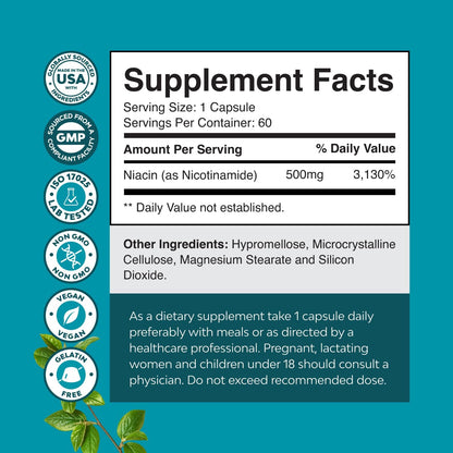 Vitamin B3 Niacinamide 500 mg Capsules Flush Free Nicotinamide 60 Count