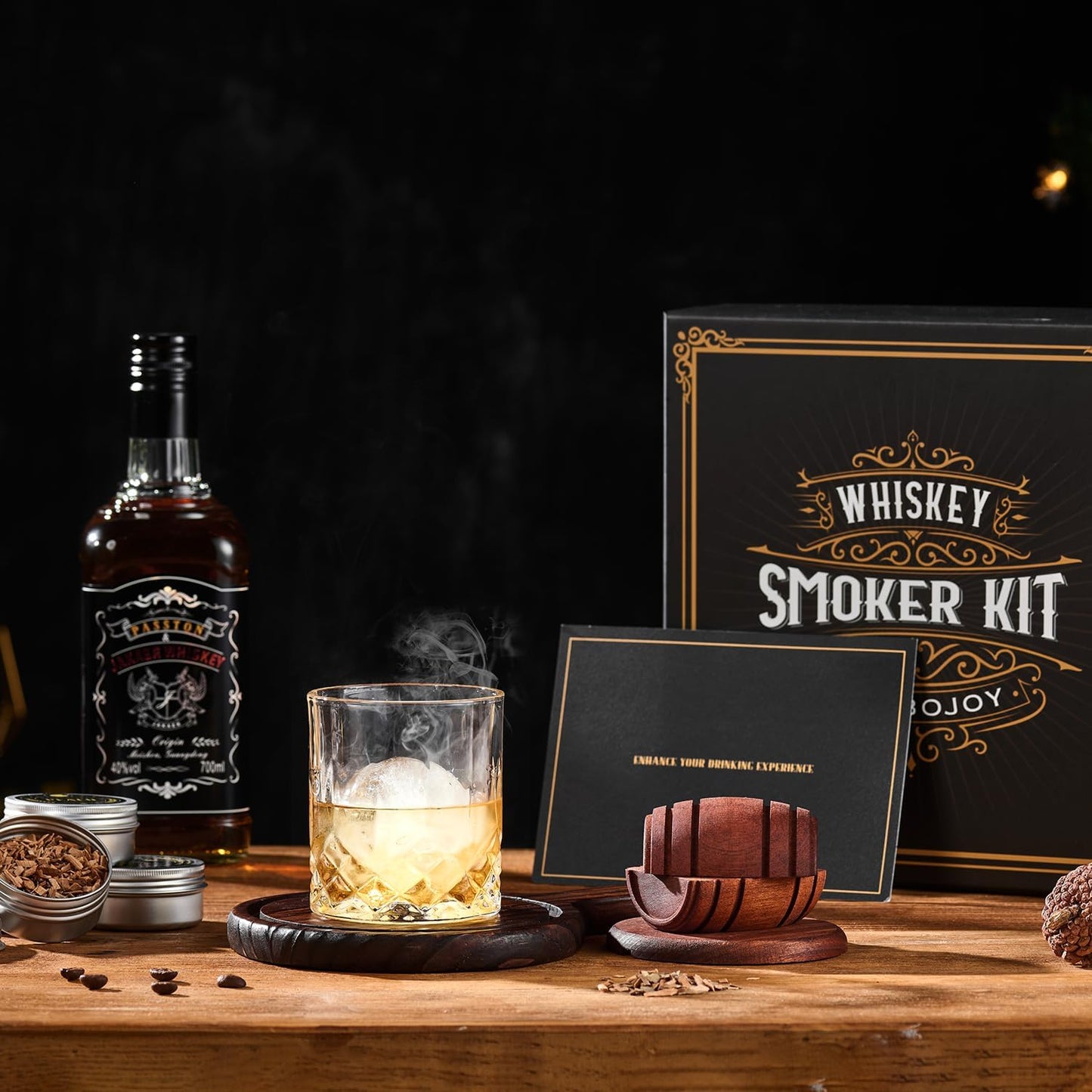 Whiskey Smoker Kit with Torch Wood Chip Flavors Glasses Ice Molds Set