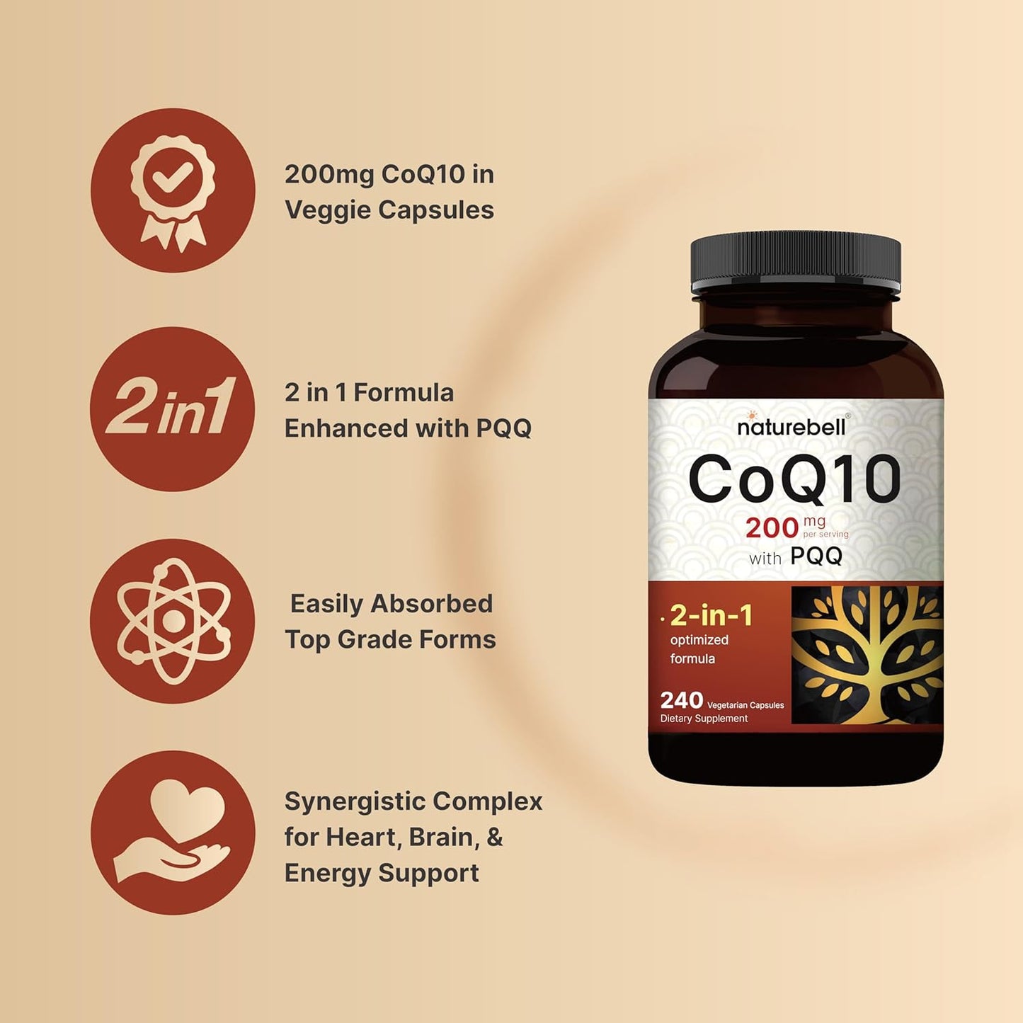 NatureBell CoQ10 200 mg with PQQ Veggie Capsules – High Absorption Formula, 240 Count