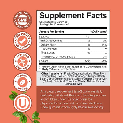Fiber Gummies Chicory Root Prebiotic Sugar Free Vegan 120 Count