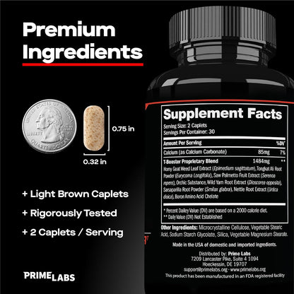 Prime Labs Testosterone Supplement for Men (2-Pack) - Stamina, Endurance, Energy, & Strength - Men's Testosterone Booster & Workout Supplement - 120 Caplets