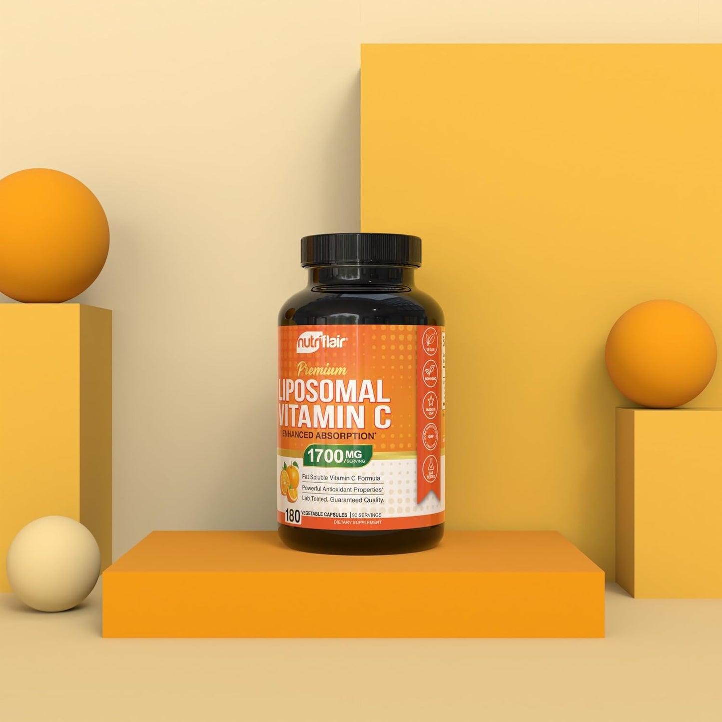 NutriFlair Liposomal Vitamin C 1700 mg – High Absorption Capsules, 180 Count, Non-GMO, Vegan