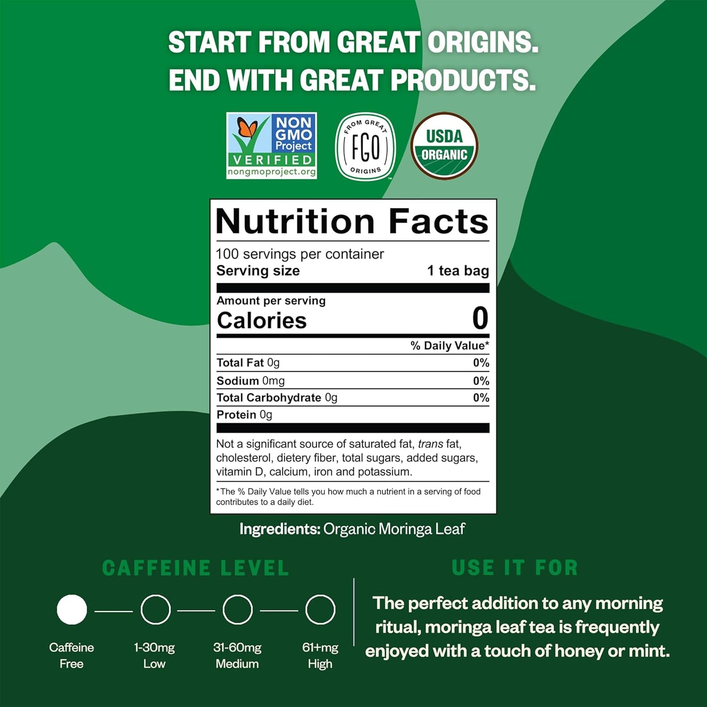 FGO Organic Moringa Tea Bags Caffeine Free 100 Count