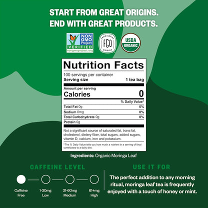 FGO Organic Moringa Tea Bags Caffeine Free 100 Count