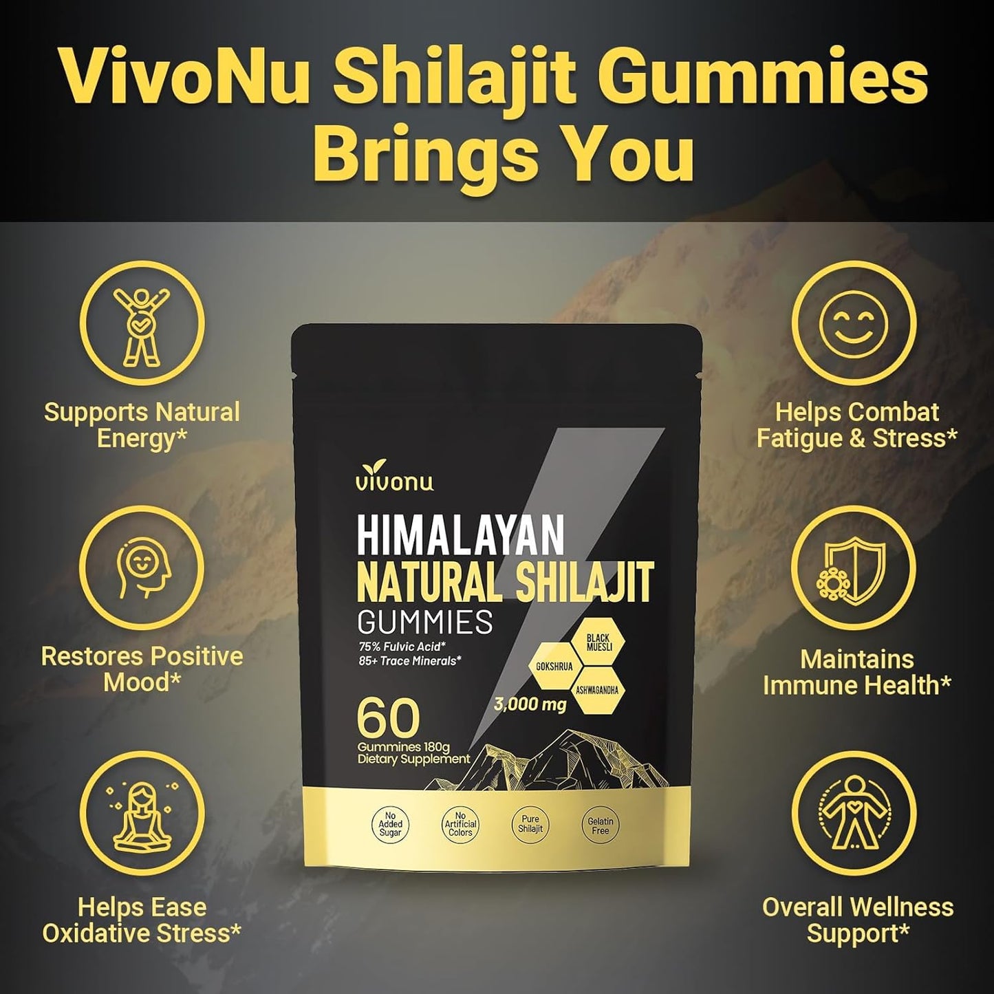 VIVONU Shilajit Gummies with Ashwagandha Gokshura Fulvic Acid 3000 mg Pack