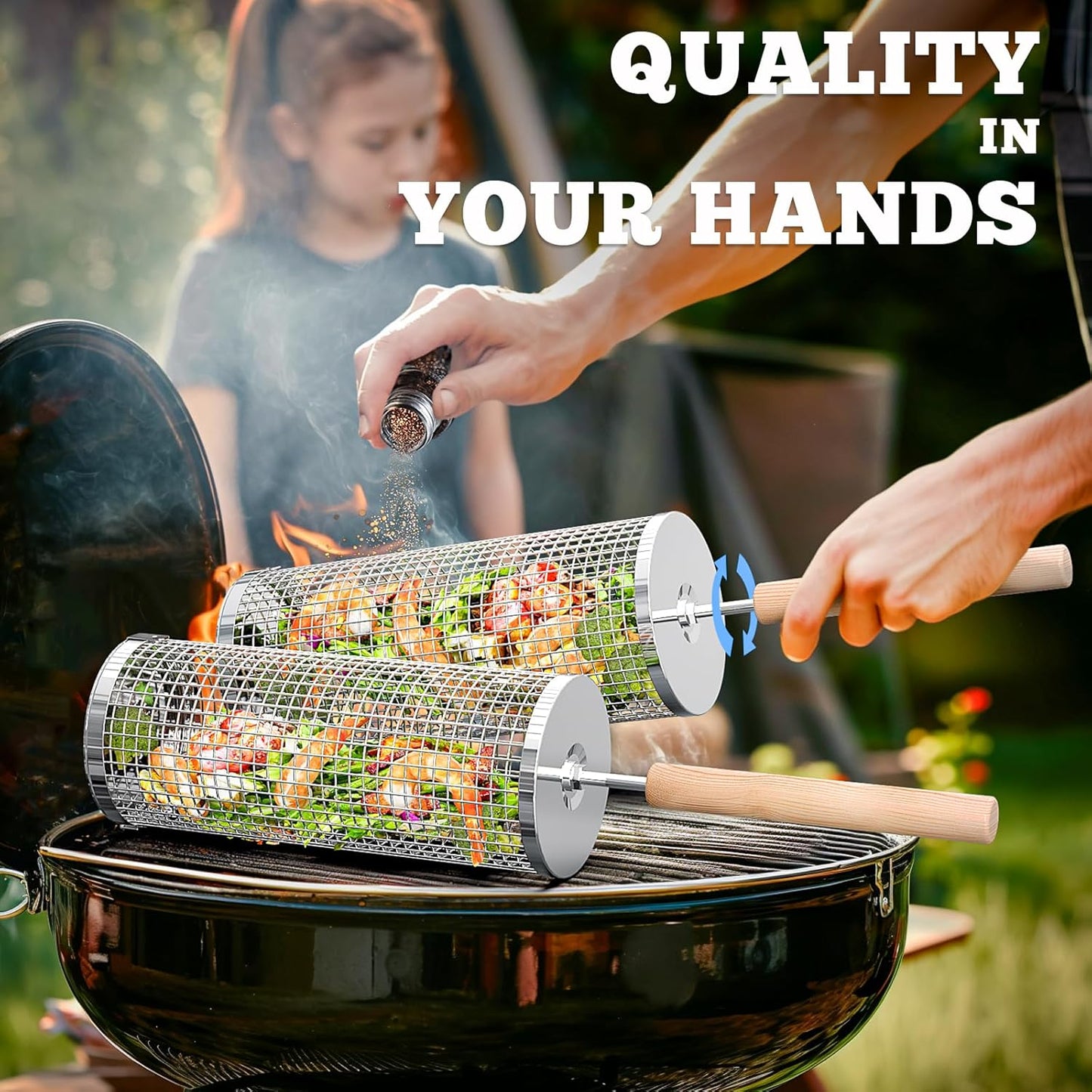 Rolling Grill Baskets Stainless Steel with Removable Wooden Handle BBQ Set