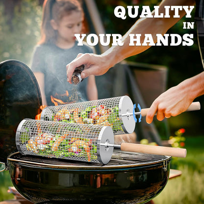 Rolling Grill Baskets Stainless Steel with Removable Wooden Handle BBQ Set