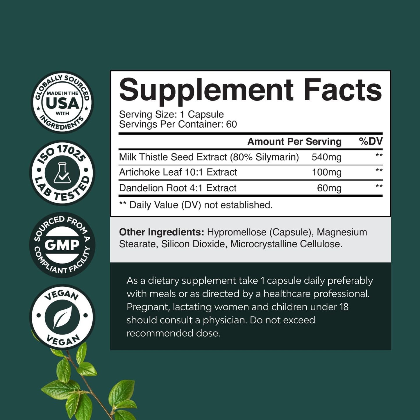 Milk Thistle Liver Support Capsules Dandelion Artichoke Extract 60 Count