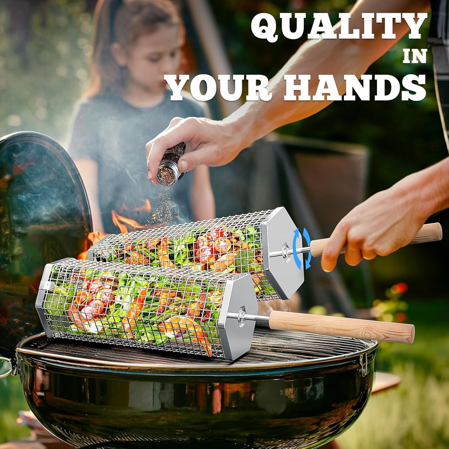 Rolling Grill Basket Set Stainless Steel with Removable Handle BBQ Accessories