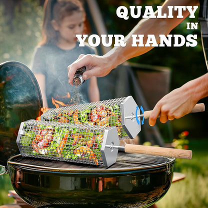 Rolling Grill Basket Set Stainless Steel with Removable Handle BBQ Accessories