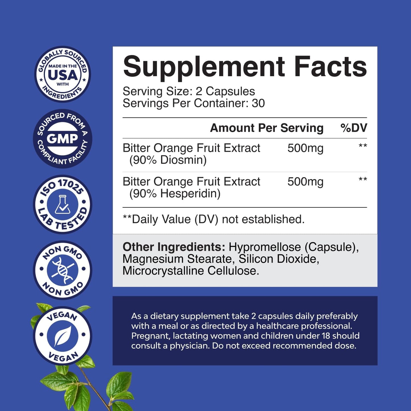 Diosmin Hesperidin 1000 mg Complex Bitter Orange Vein & Circulation Support 60 Count