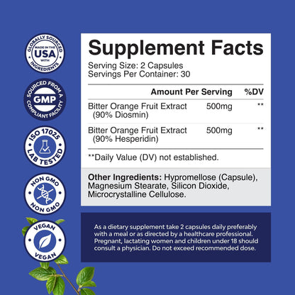 Diosmin Hesperidin 1000 mg Complex Bitter Orange Vein & Circulation Support 60 Count