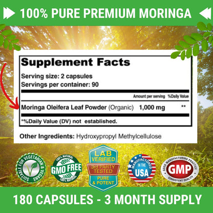 Fresh Healthcare Moringa Capsules Pure Leaf Powder Non-GMO 180 Count