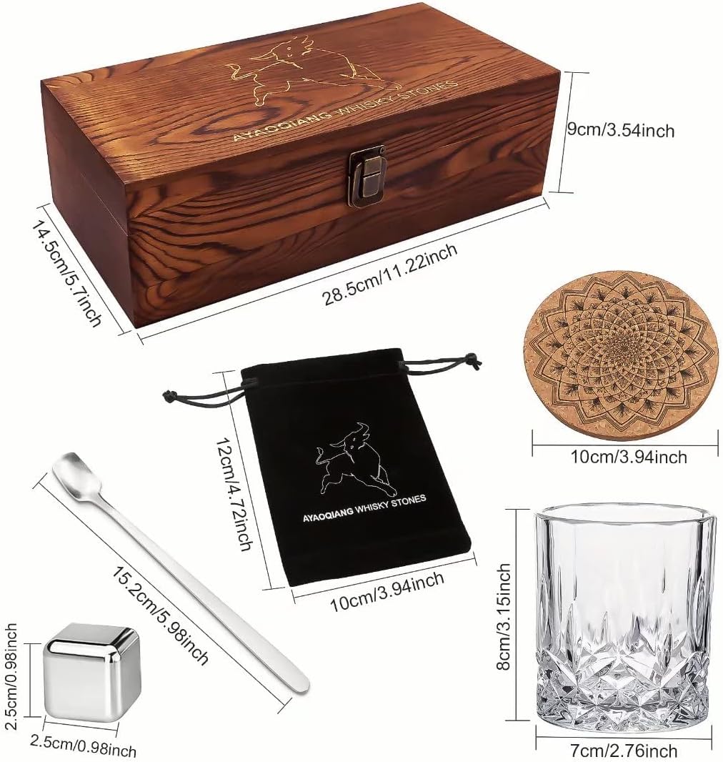 Whiskey Gift Set with Glasses and Stainless Steel Ice Stones 2 Glass Set