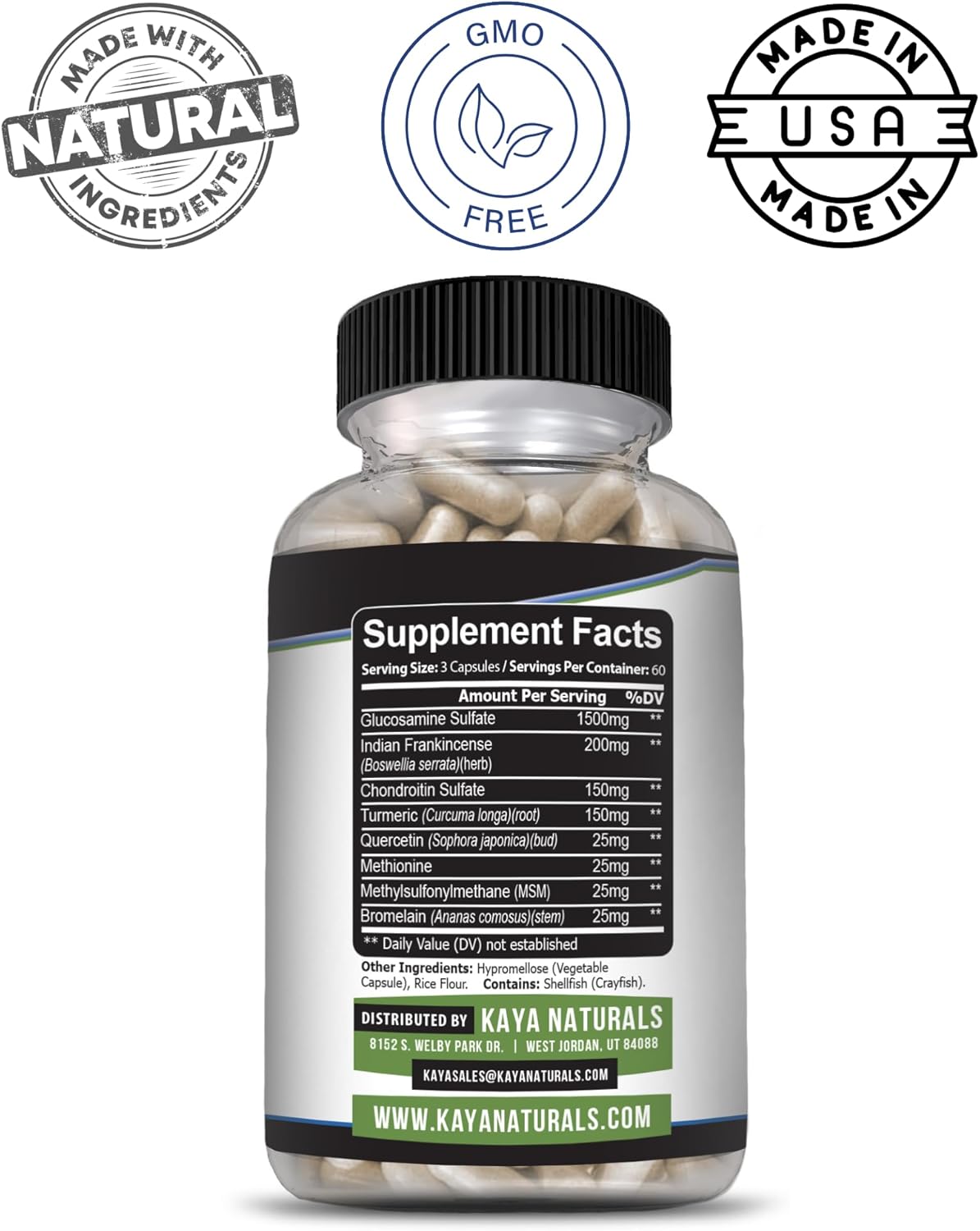 Kaya Naturals Flex Aid Turmeric Capsules Glucosamine Boswellia MSM 180 Count
