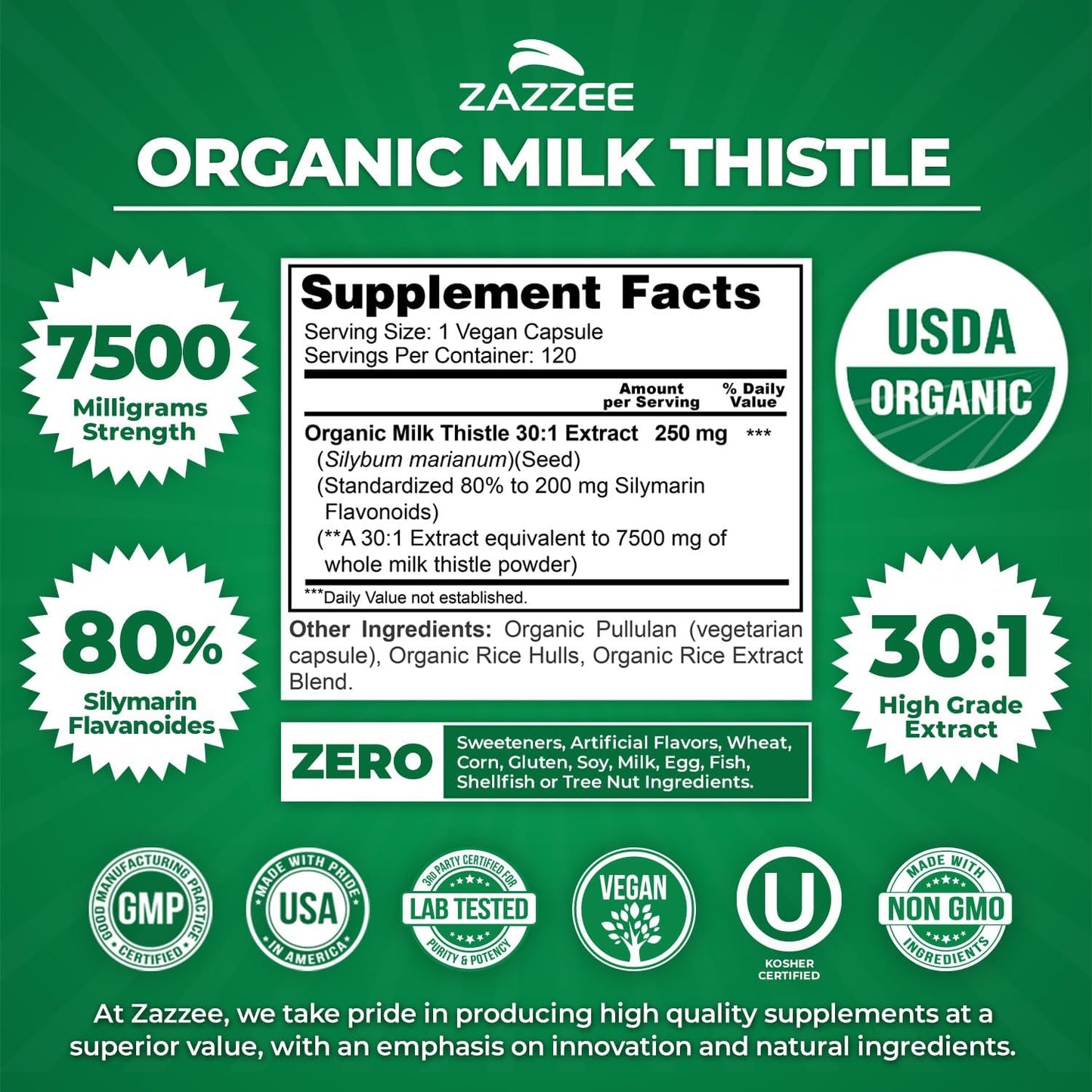 Zazzee Organic Milk Thistle Extract 30:1 – 80% Silymarin, 120 Vegan Capsules, Non-GMO
