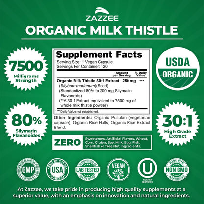 Zazzee Organic Milk Thistle Extract 30:1 – 80% Silymarin, 120 Vegan Capsules, Non-GMO