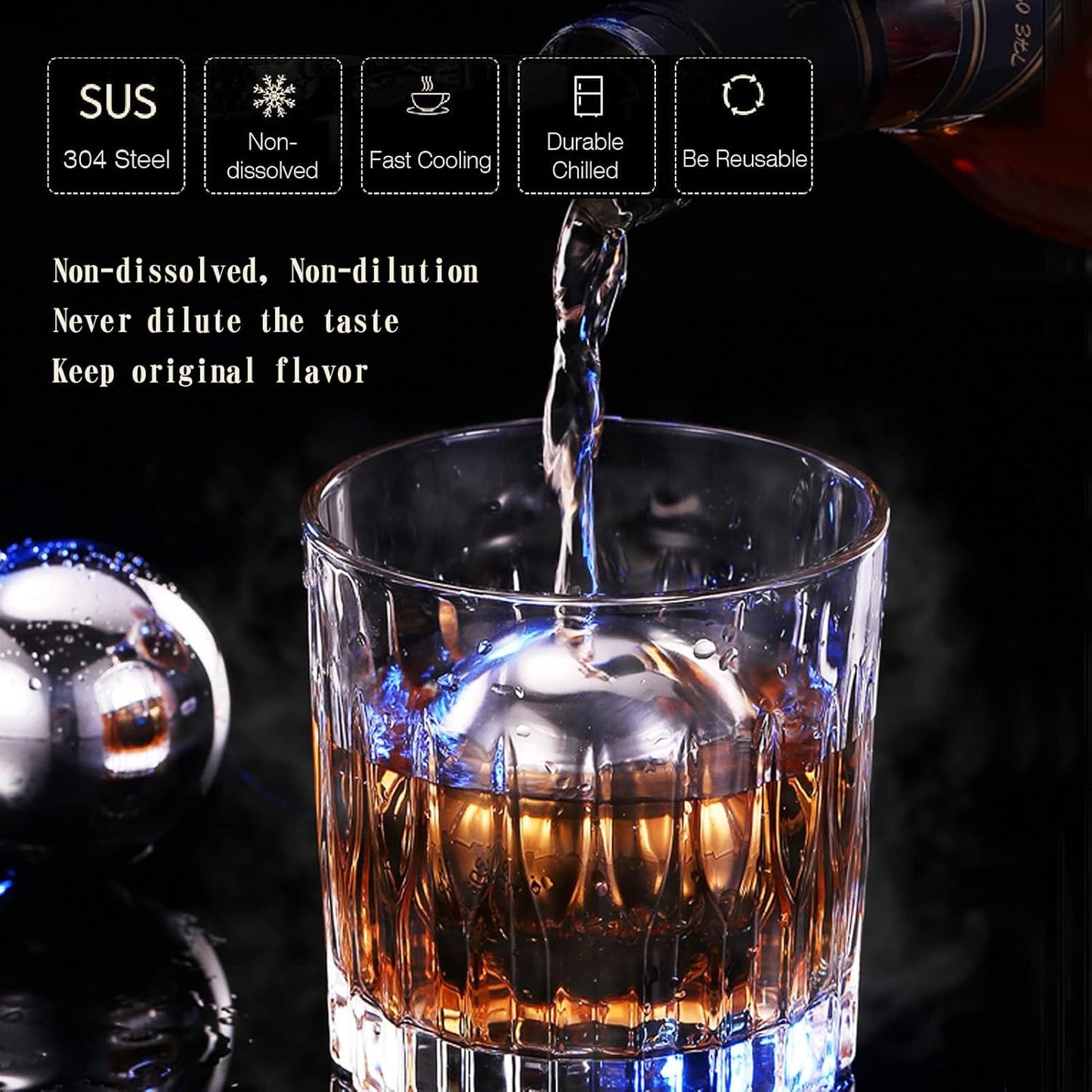 Stainless Steel Whiskey Stones Reusable Ice Balls 55 mm 2 Count