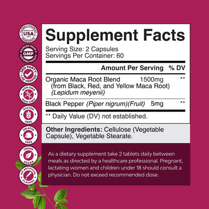 Maca Root Capsules for Women Red Yellow Black Maca Non-GMO Vegan 120 Count