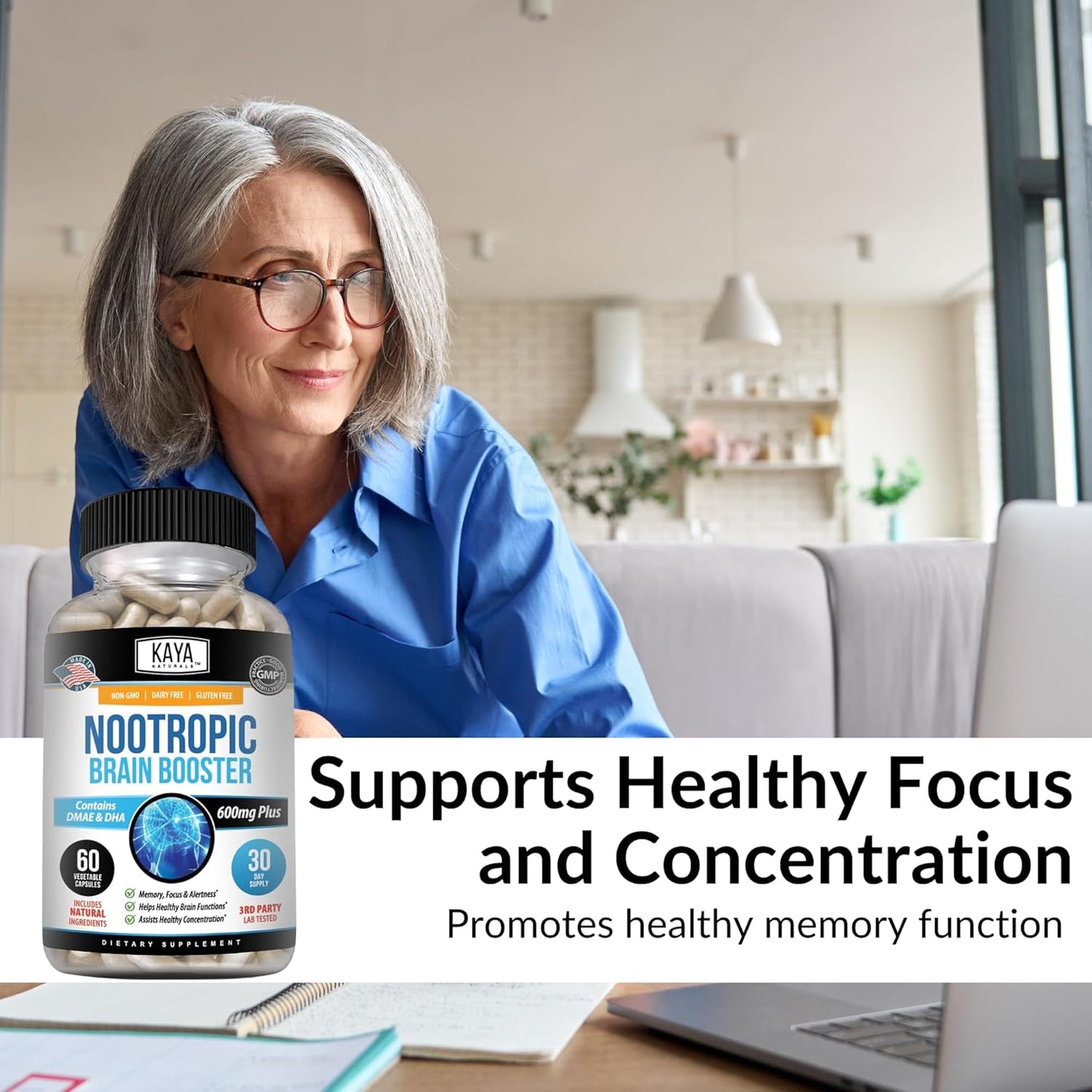 Kaya Naturals Nootropic Brain Booster Capsules Memory Focus Cognitive Support 60 Count