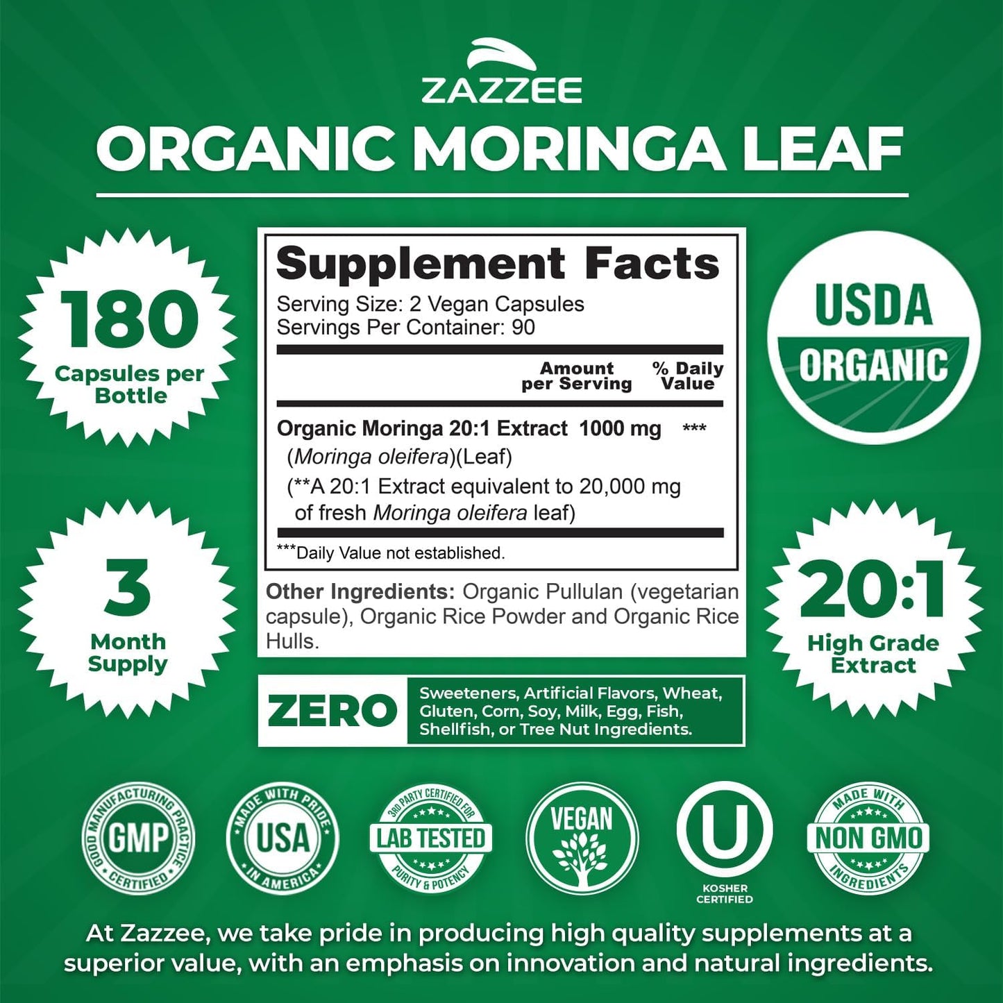 Zazzee Organic Moringa 20:1 Extract Vegan Capsules Kosher 180 Count