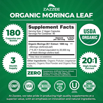 Zazzee Organic Moringa 20:1 Extract Vegan Capsules Kosher 180 Count