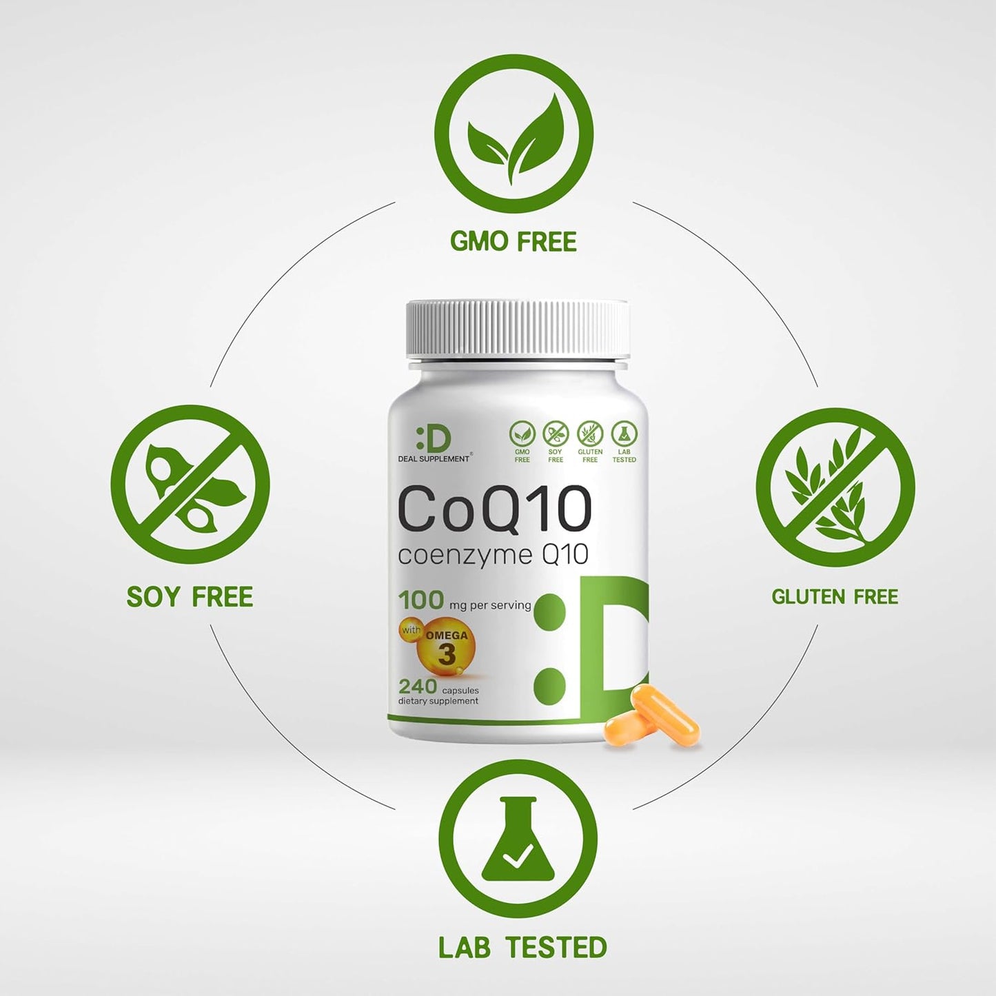 Deal Supplement CoQ10 100 mg with Omega-3 100 mg Capsules – 240 Count, Non-GMO