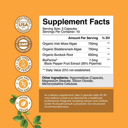 Irish Sea Moss Capsules Bladderwrack Burdock Root Blend 30 Count