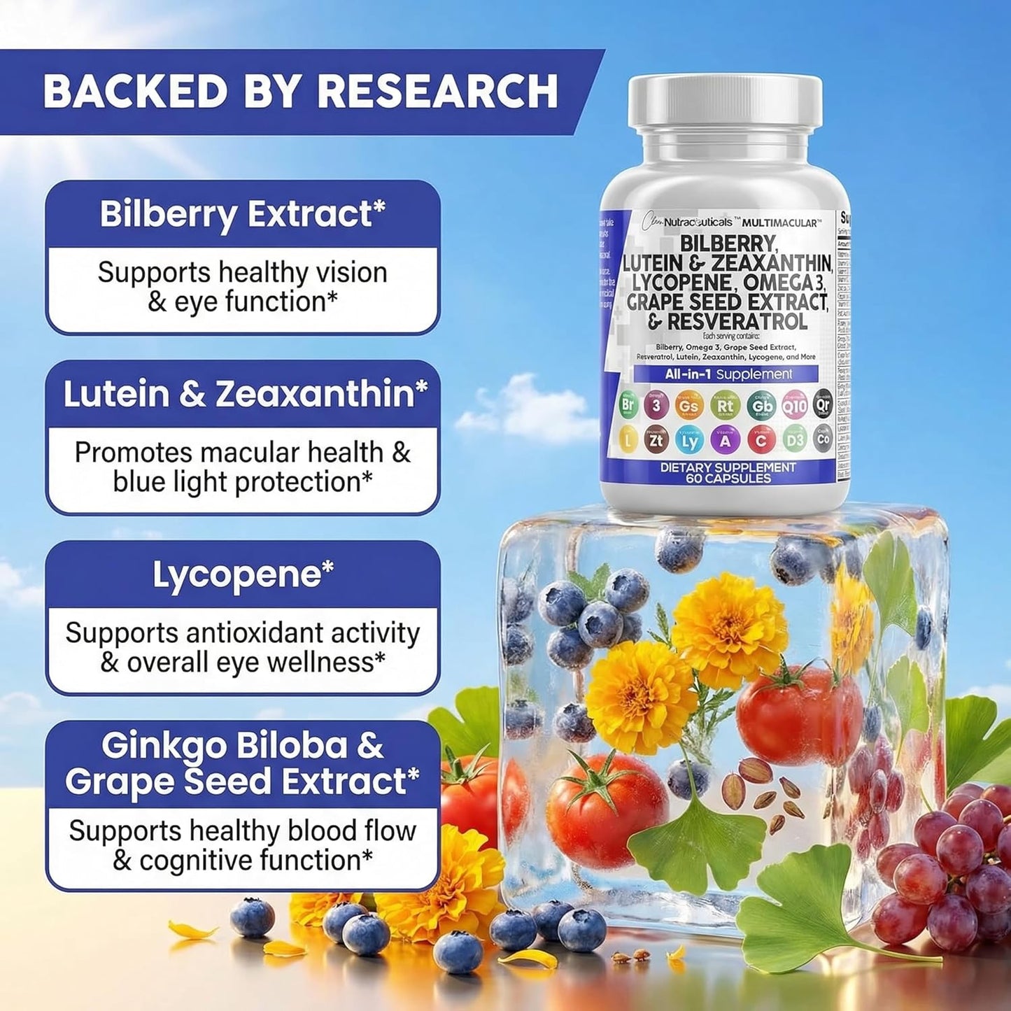 Clean Nutra Eye Vitamins Bilberry Lutein Zeaxanthin Antioxidant Blend