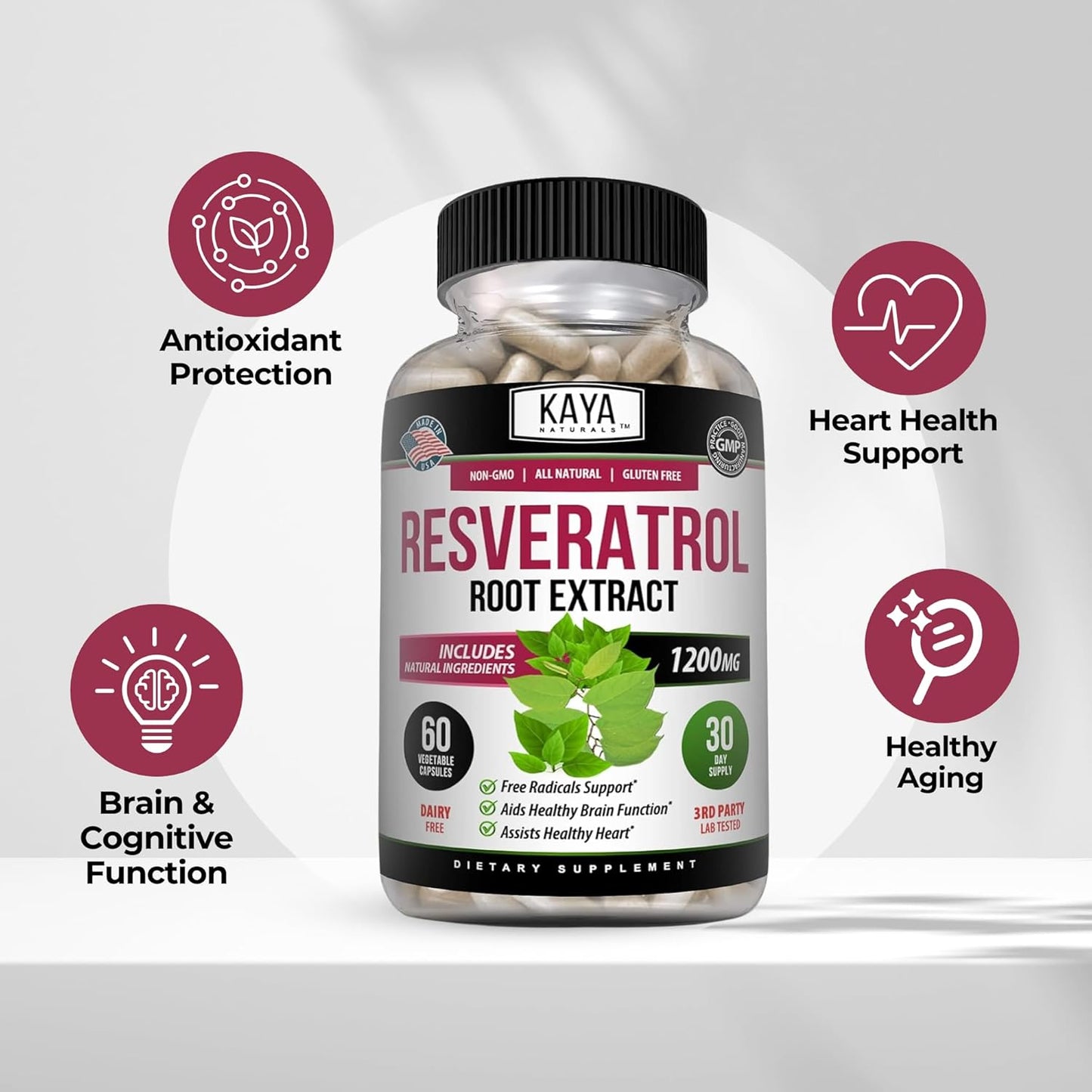 Kaya Naturals Resveratrol Capsules Antioxidant Anti-Aging Brain Support 60 Count