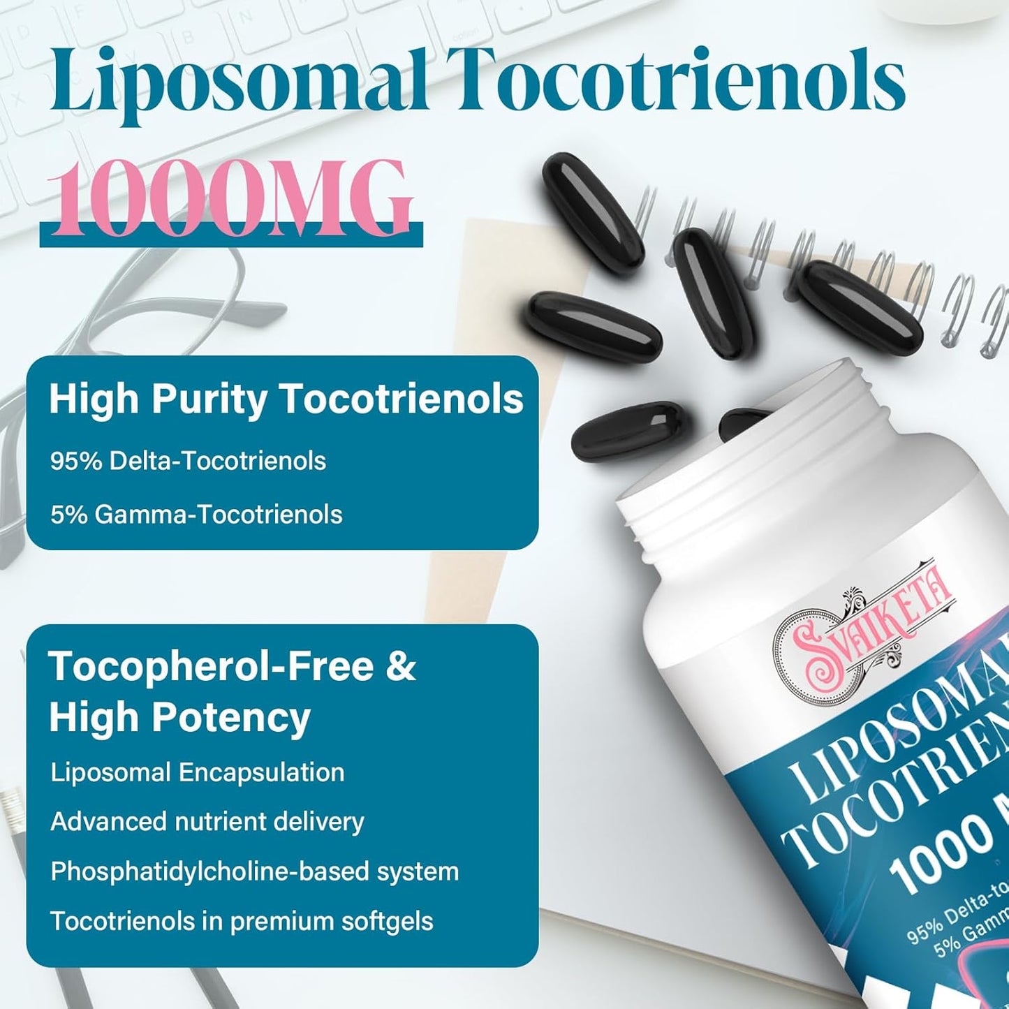 Liposomal Tocotrienols Vitamin E 1000 mg 95% Delta 5% Gamma Softgels 60 Count