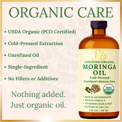 Organic Moringa Oil Cold Pressed Unrefined Skin Hair Face 4 fl oz