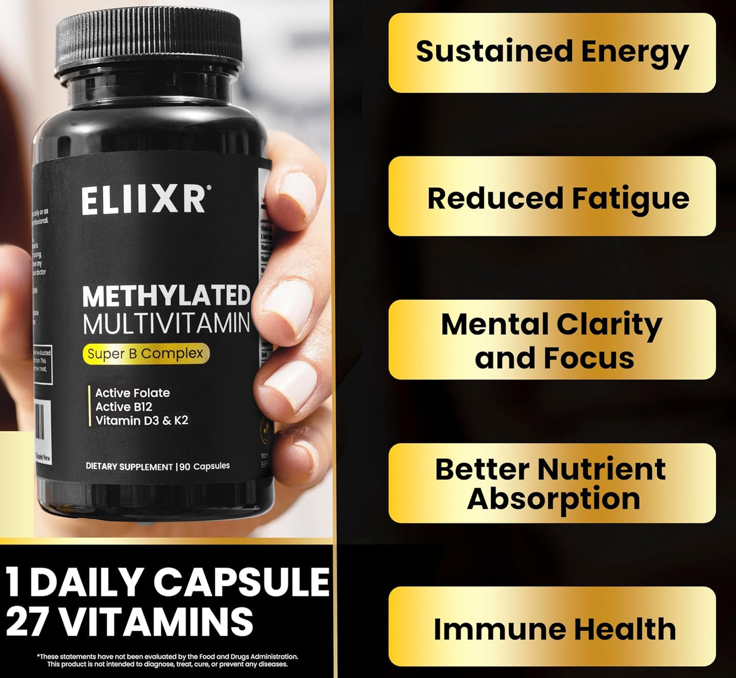 Eliixr Methylated Multivitamin Capsules with B Complex 90 Day Supply