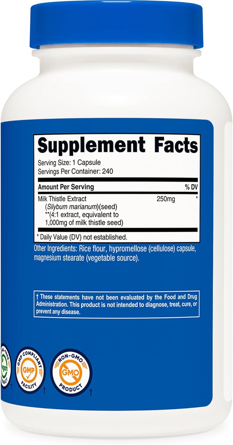 Nutricost Milk Thistle 1,000mg Equivalent from 250mg of 4:1 Extract Per Serving, 240 Capsules for 240 Servings Per Bottle - Vegan, GMO Free and Gluten Free