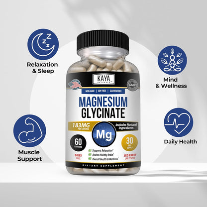 Kaya Naturals Magnesium Glycinate 183 mg Non-GMO Gluten-Free 60 Capsules
