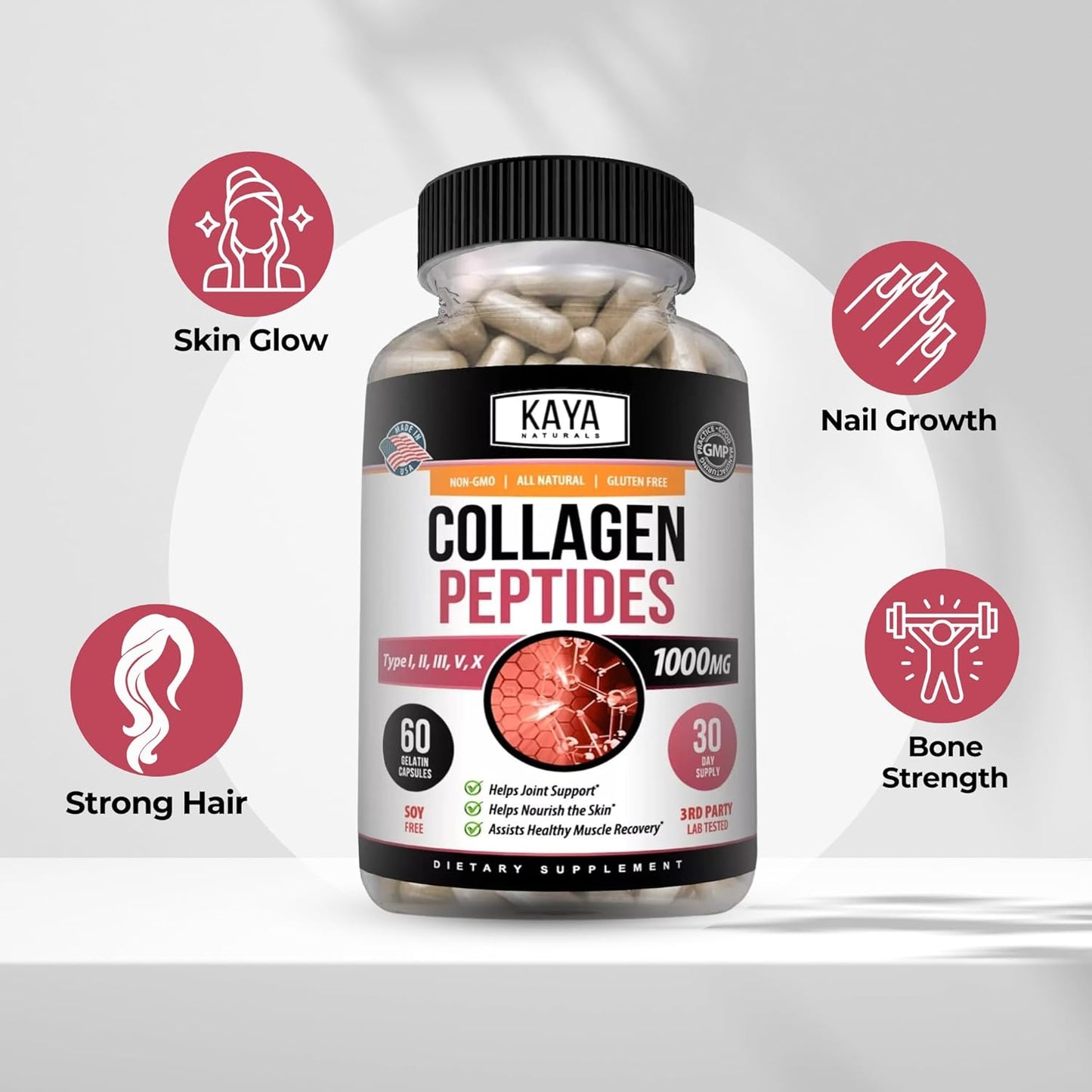 Kaya Naturals Multi Collagen Peptides Capsules Types I II III V X 60 Count